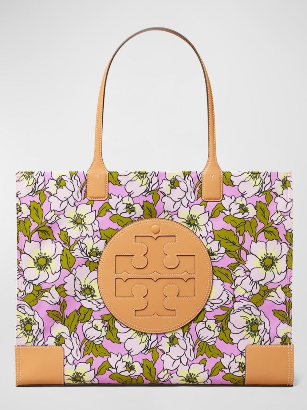Tory Burch Lavender Floral Tote with Tan Leather Trim